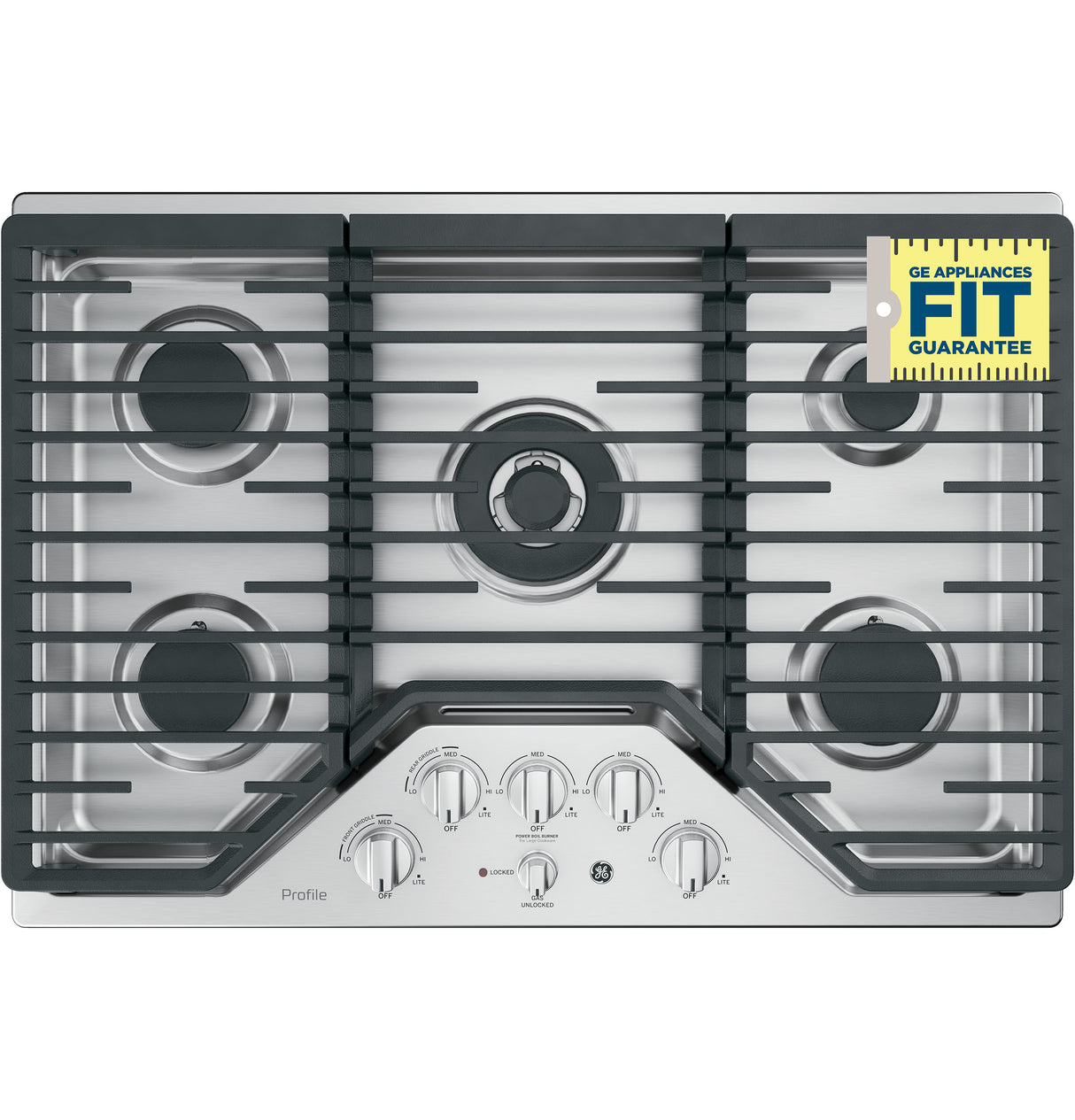 GE Profile(TM) 30" Built-In Tri-Ring Gas Cooktop with 5 Burners and Included Extra-Large Integrated Griddle - (PGP9030SLSS)