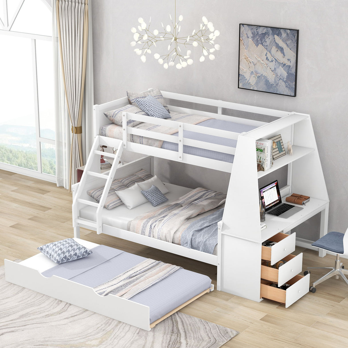 Twin Over Full Bunk Bed With Trundle And Built-In Desk, Three Storage Drawers And Shelf - White