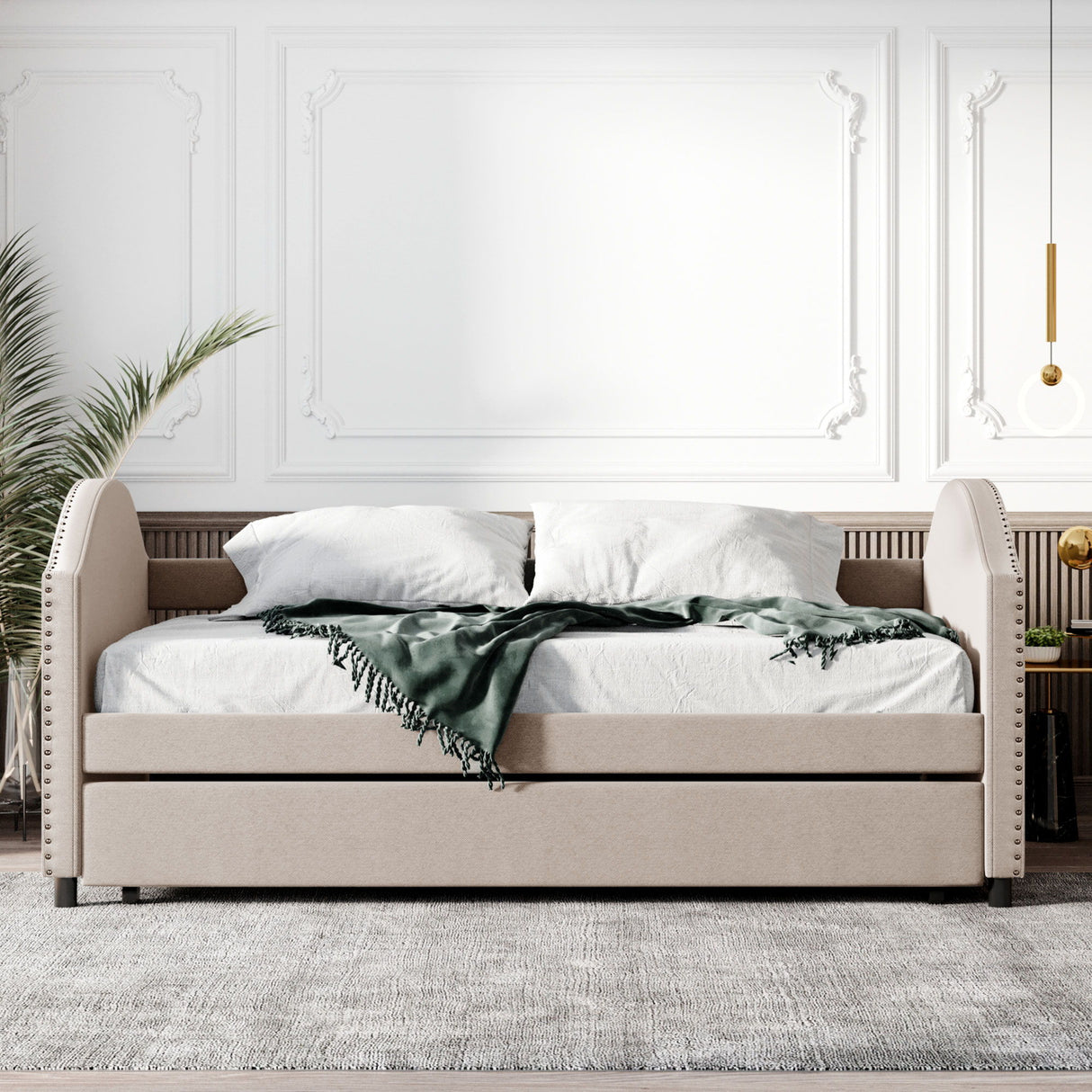 Full Size Upholstered Daybed With Twin Size Trundle, Wood Slat Support - Beige