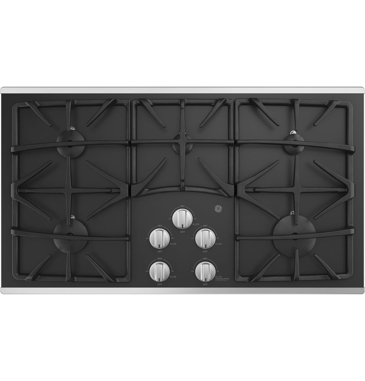 GE(R) 36" Built-In Gas on Glass Cooktop with 5 Burners and Dishwasher Safe Grates - (JGP5536SLSS)