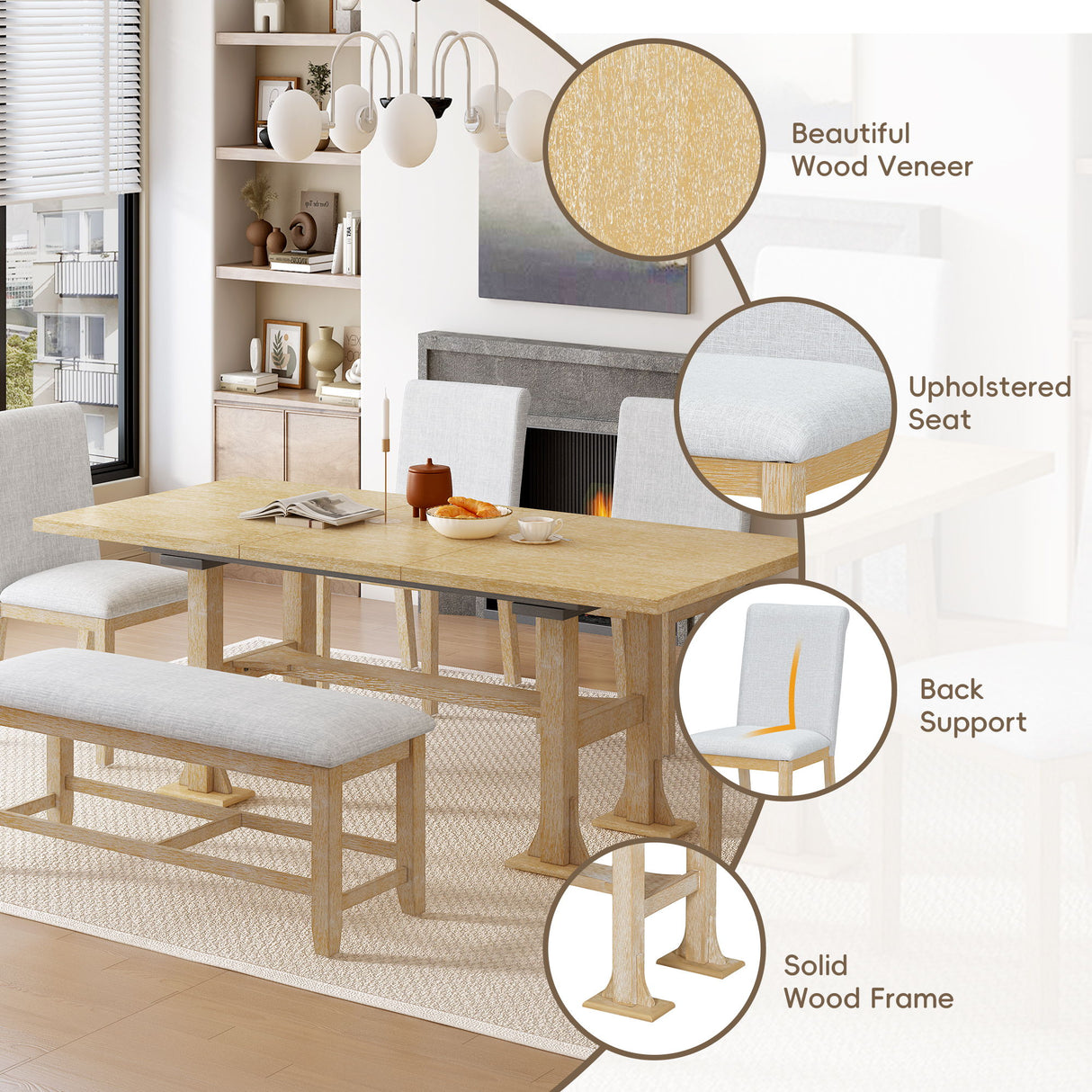 Topmax - 6 Piece Farmhouse Extendable Dining Table Set Trestle Kitchen Table Set With Removable Leaf And Upholstered Dining Chair And Bench For Dining Room