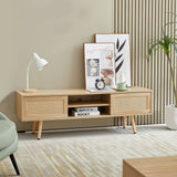 55.12" Rattan TV Cabinet, Double Sliding Doors For Storage, Adjustable Shelf, Solid Wood Legs, TV Console For Living Room