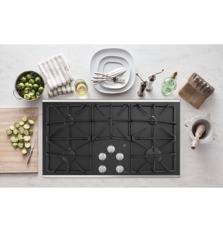 GE(R) 36" Built-In Gas on Glass Cooktop with 5 Burners and Dishwasher Safe Grates - (JGP5536SLSS)