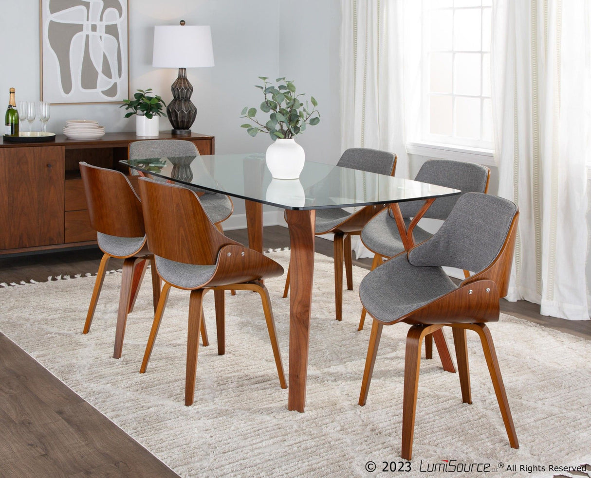 Folia - Pebble Dining Set - Walnut Wood, Walnut Metal And Blue Fabric (Set of 7)