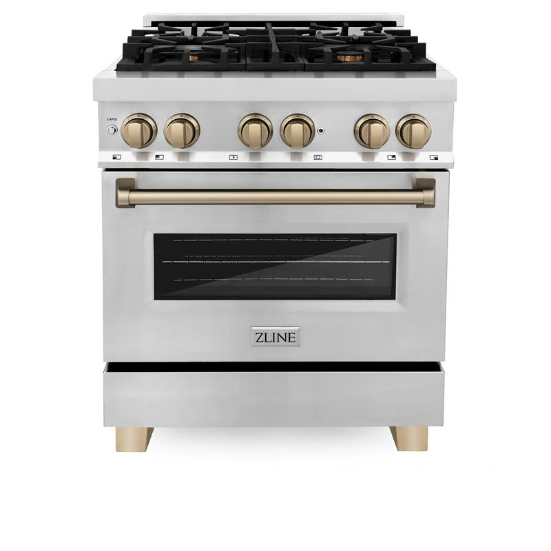 ZLINE Autograph Edition 30" 4.0 cu. ft. Dual Fuel Range with Gas Stove and Electric Oven in Stainless Steel with Accents (RAZ-30) [Color: Champagne Bronze] - (RAZ30CB)