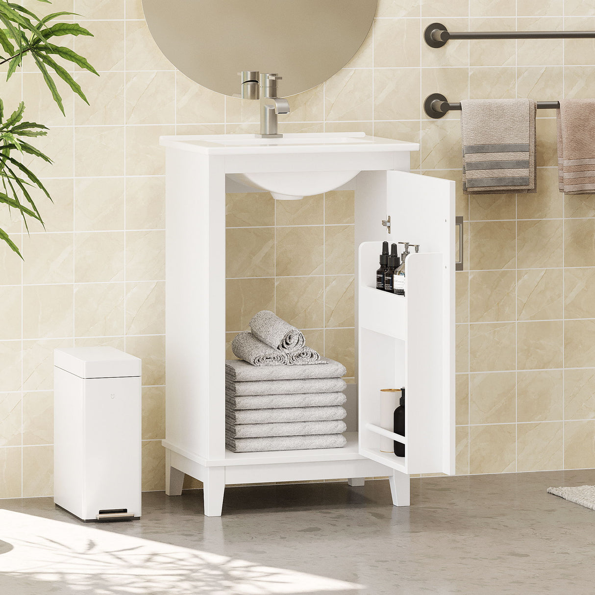 Modern Small Bathroom Vanity Cabinet With Ceramic Basin, Ample Storage, 1 Soft Close Door