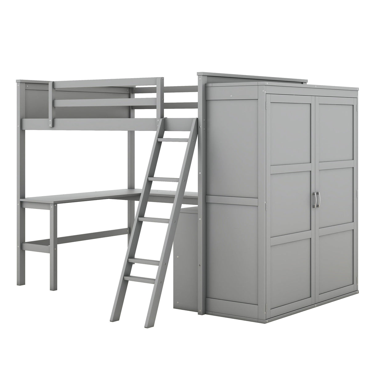 Full Size Loft Bed With Desk, Shelves And Wardrobe - Gray