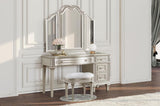 Evangeline - 3 Piece Vanity Table Set With Tri-Fold Mirror And Stool - Silver Oak