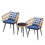 3 Piece Patio Bistro Set With Side Table, Outdoor PE Rattan Conversation Chair Set, Furniture Of Coffee Table With Glass Top, Cushions & Lumbar Pillows For Garden, Backyard, Balcony Or Poolside - Boho Blue