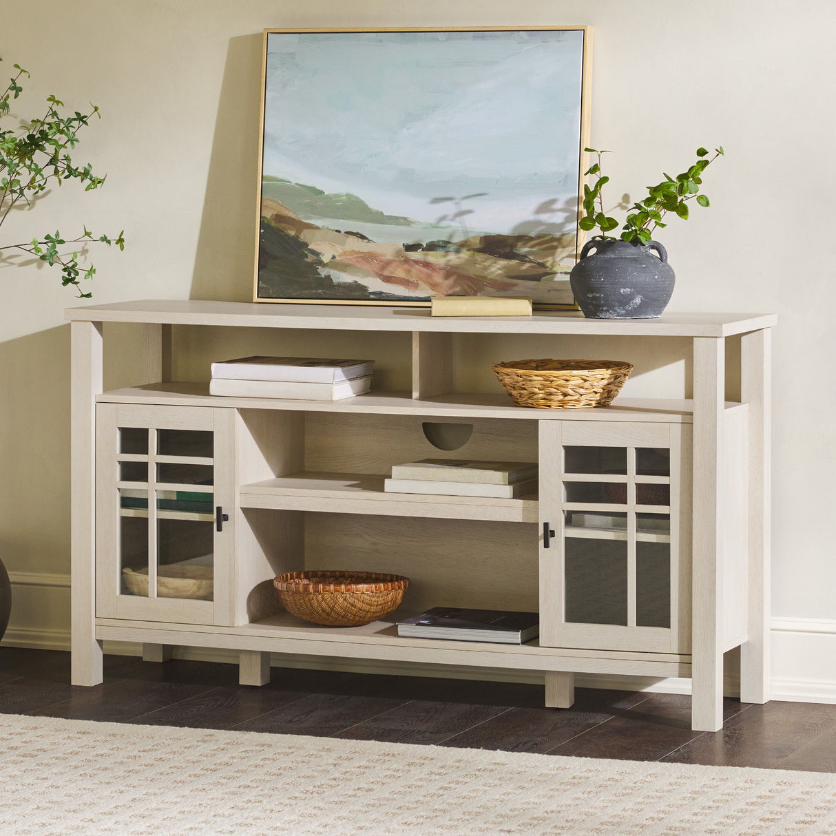 Transitional 2 Door Sideboard With Windowpane Design - Ivory Oak