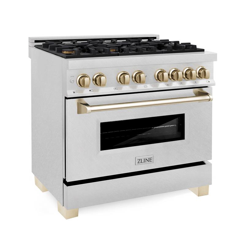 ZLINE Autograph Edition 36 in. 4.6 cu. ft. Dual Fuel Range with Gas Stove and Electric Oven in DuraSnow Stainless Steel with Accents (RASZ-SN-36) [Color: Gold] - (RASZSN36G)