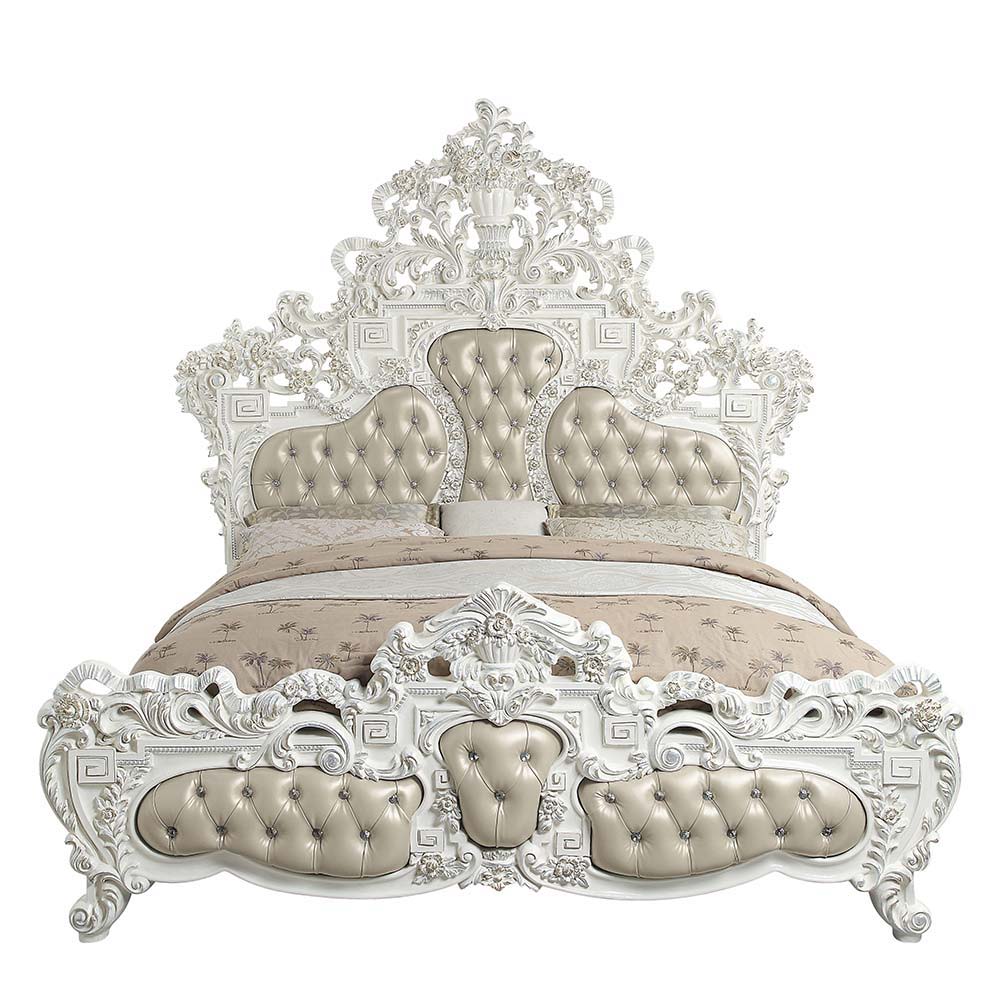 Vanaheim - Eastern King Bed - Beige PU & Antique White Finish