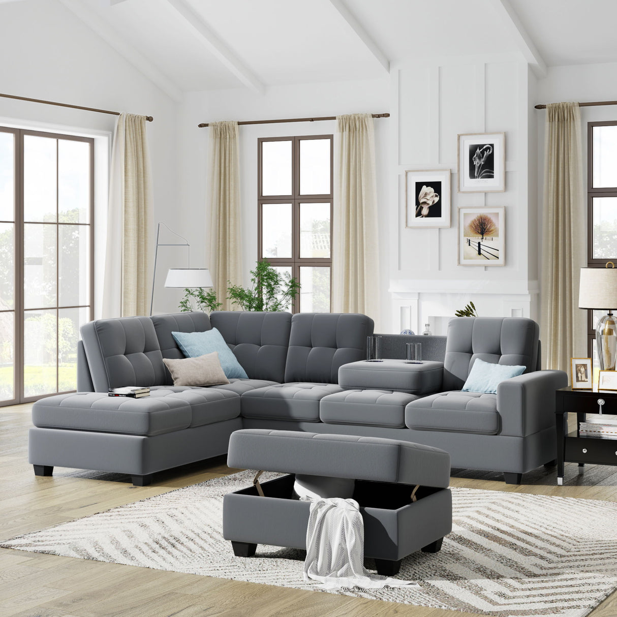 Sectional Sofa With Reversible Chaise Lounge, L-Shaped Couch With Storage Ottoman And Cup Holders