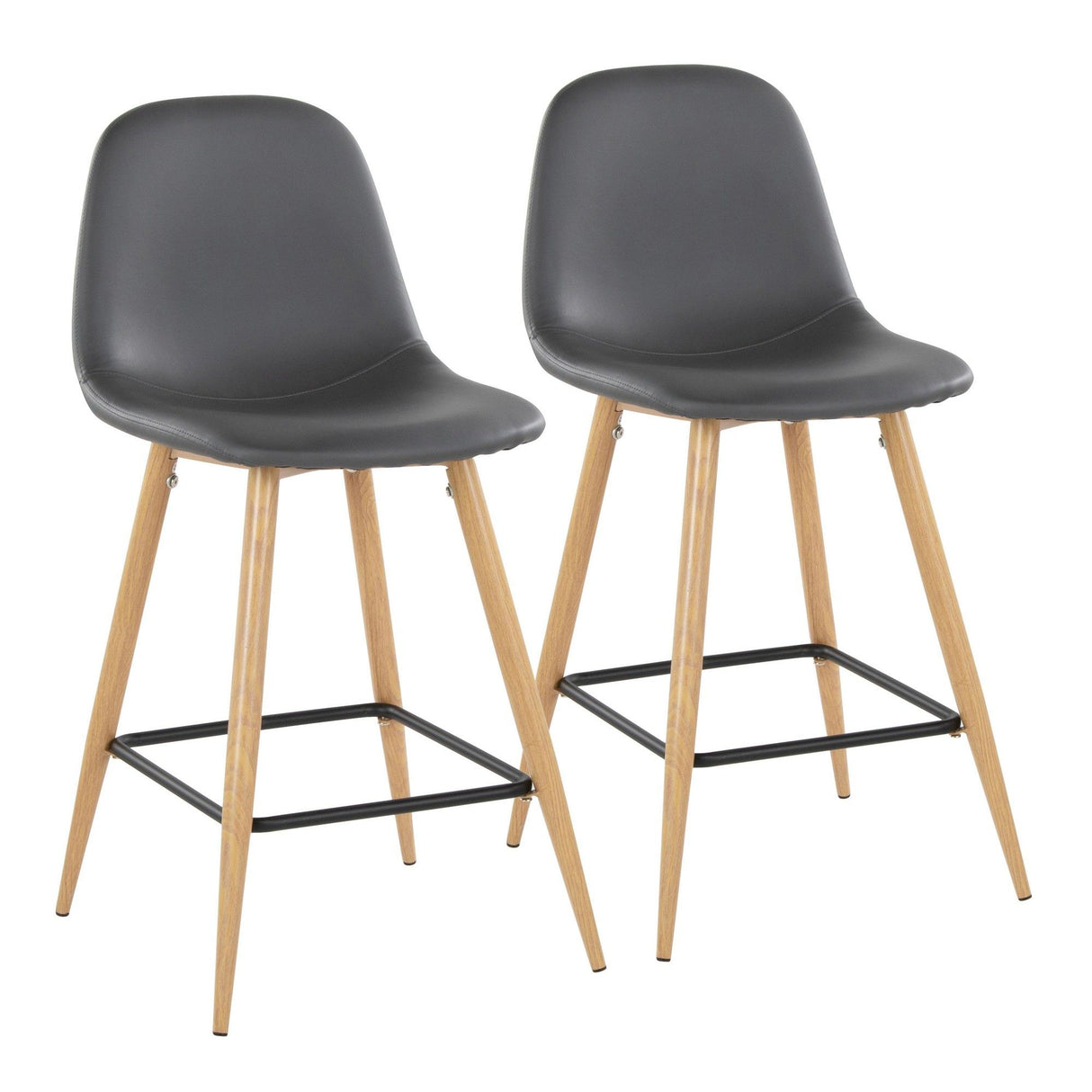 Pebble - 24" Fixed-Height Counter Stool - Natural Metal And Gray Faux Leather With Square Black Metal Footrest (Set of 2)