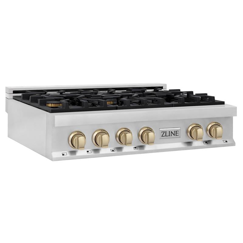 ZLINE Autograph Edition 36 in. Porcelain Rangetop with 6 Gas Burners in Stainless Steel with Accents (RTZ-36) [Color: Gold Accents] - (RTZ36G)