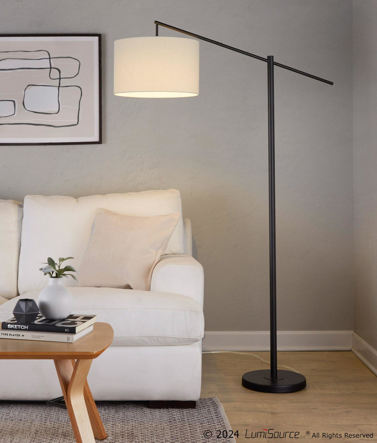 Bento - 67.5" Metal Floor Lamp - Black Metal And Walnut Wood With White Shade