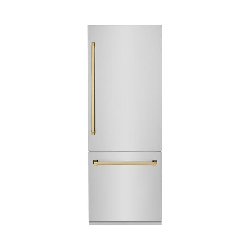 Products ZLINE 30? Autograph Edition 16.1 cu. ft. Built-in 2-Door Bottom Freezer Refrigerator with Internal Water and Ice Dispenser in Stainless Steel with Gold Accents (RBIVZ-304-30-G) - (RBIVZ30430G)