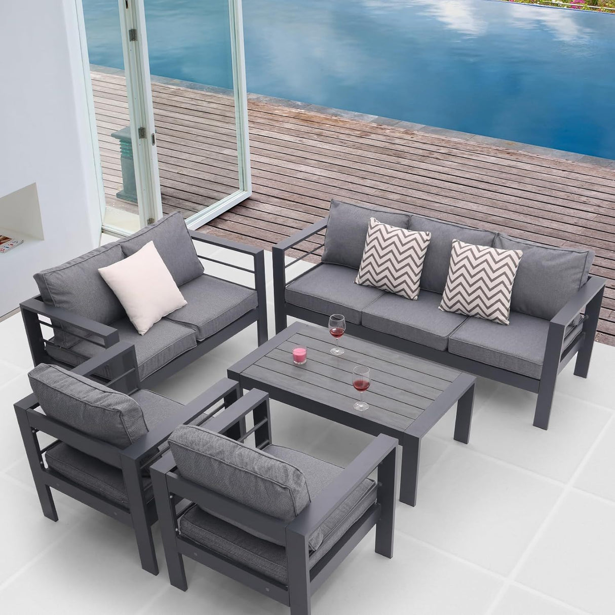 4 Piece Aluminum Outdoor Patio Conversation Set, All Weather Sectional Sofa Outside Furniture With Removable Cushions And Tempered Glass Coffee Table - Gray