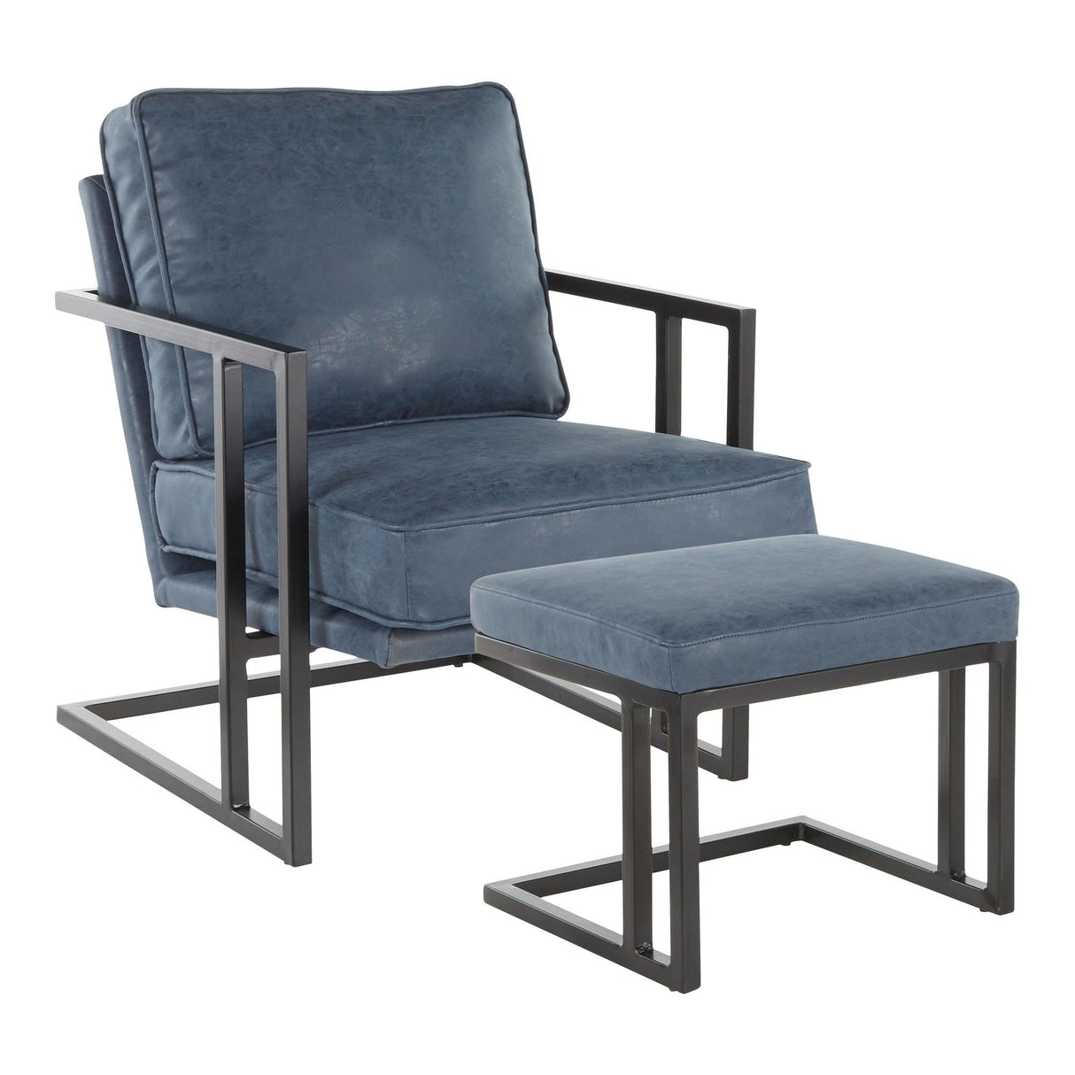 Roman - Lounge Chair And Ottoman - Black Metal And Blue Faux Leather