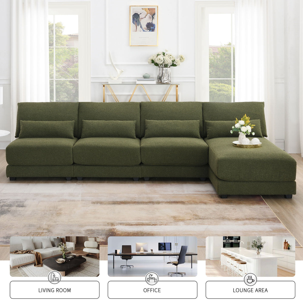 Oversized Deep Seat Sectional Sofa With Reversible Chaise, Loop Yarn Fabric 5-Seat Armless Indoor Furniture, Convertible L-Shaped Couch For Living Room, Apartment