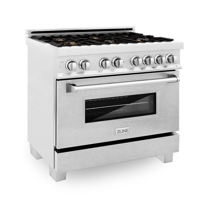 ZLINE 36 in. Professional Dual Fuel Range in DuraSnow Stainless Steel with Color Door Finishes (RAS-SN-36) [Color: DuraSnow Stainless Steel with Brass Burners] - (RASSNBR36)