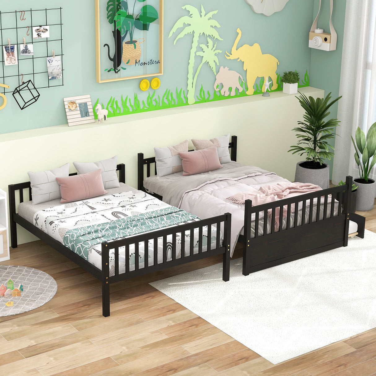 Bunk Bed With Trundle, Convertible To 2 Size Platform Bed, Bunk Bed With Ladder And Safety Rails For Kids