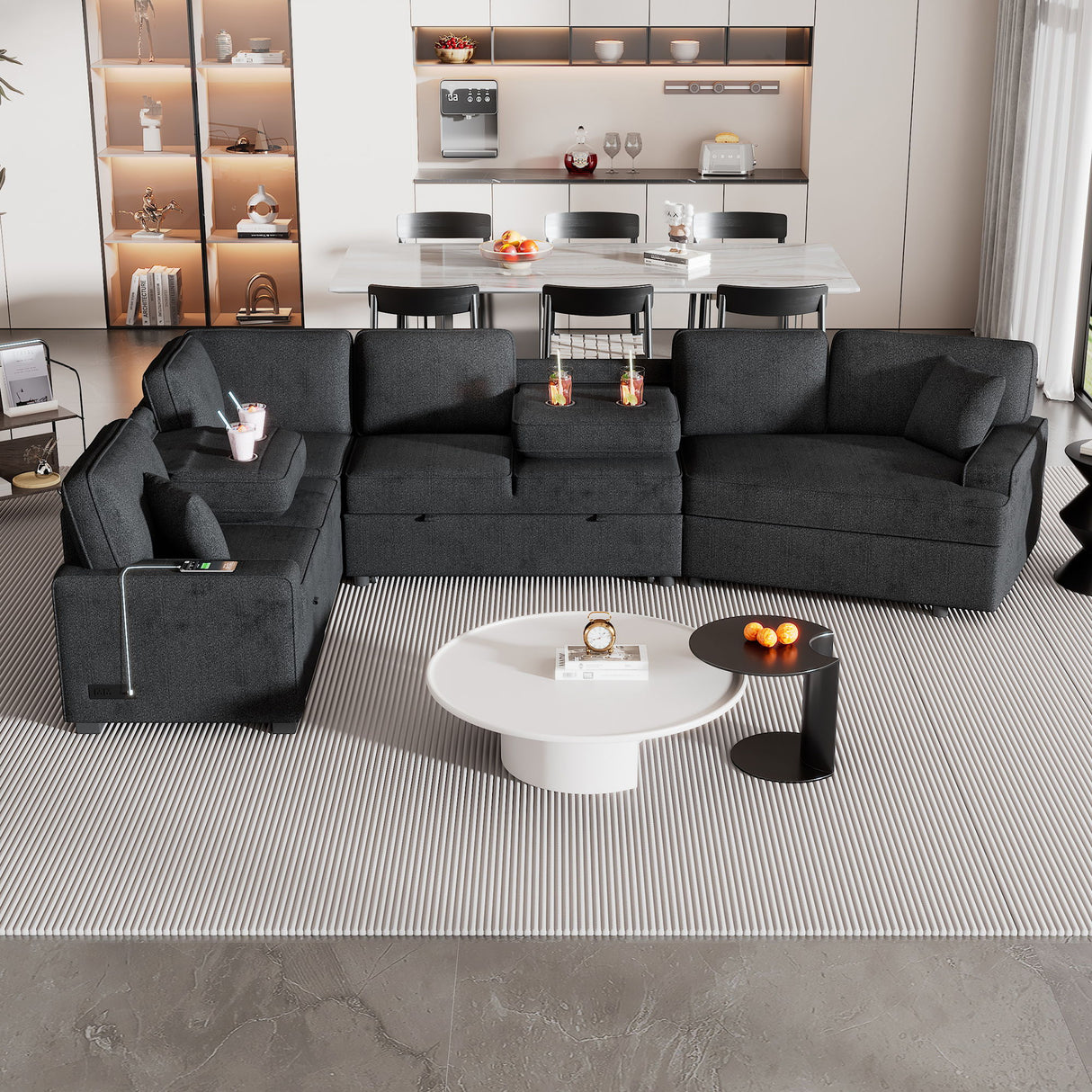 L-Shaped Sofa Sectional Sofa Couch Pull-Out Sofa Bed With Charging Devices And Cup Holders For Living Room