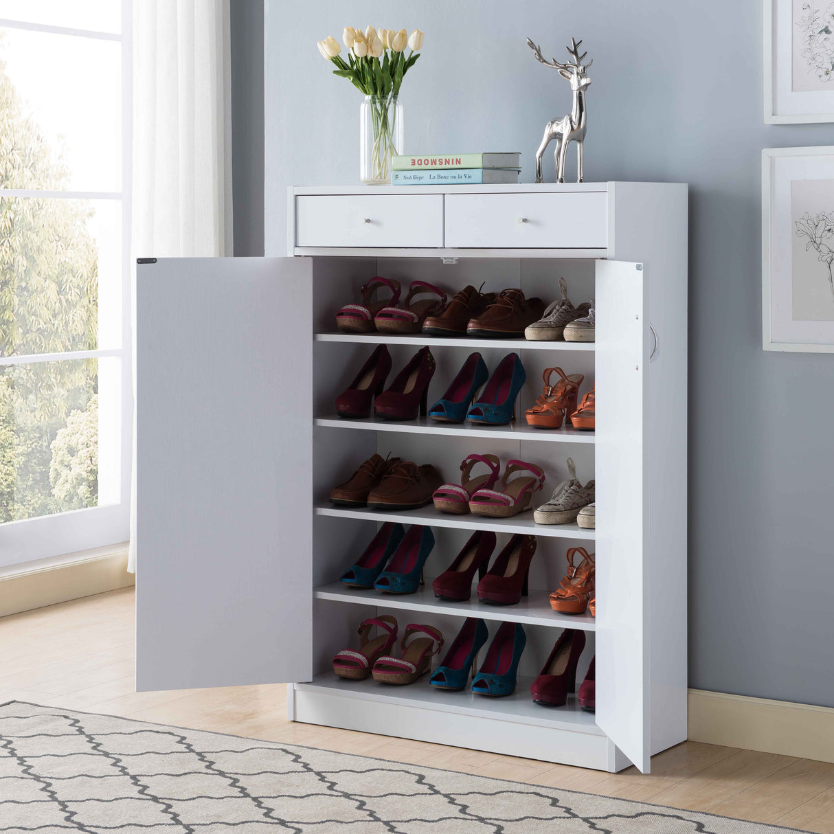 Shoe Storage Cabinet With Fives Shelves, Two Drawers, Fits 15 Pairs Of Shoes