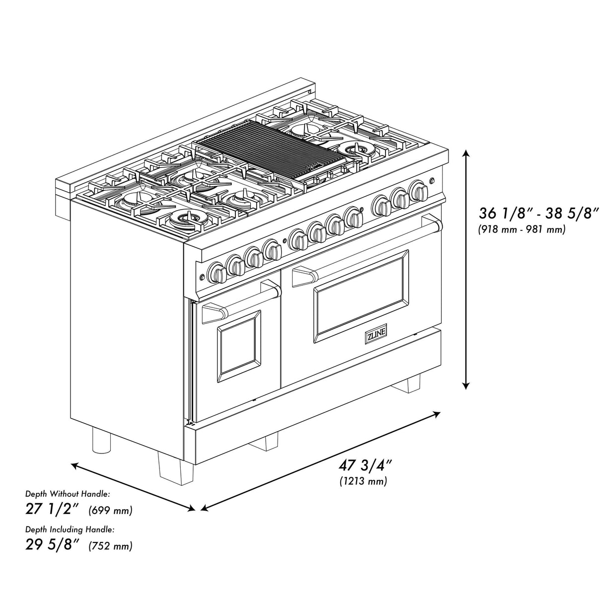 ZLINE 48 in. DuraSnow Stainless Steel 6.0 cu.ft. 7 Gas Burner/Electric Oven Range with Color Door Options (RAS-SN-48) [Color: Black Matte] - (RASBLM48)