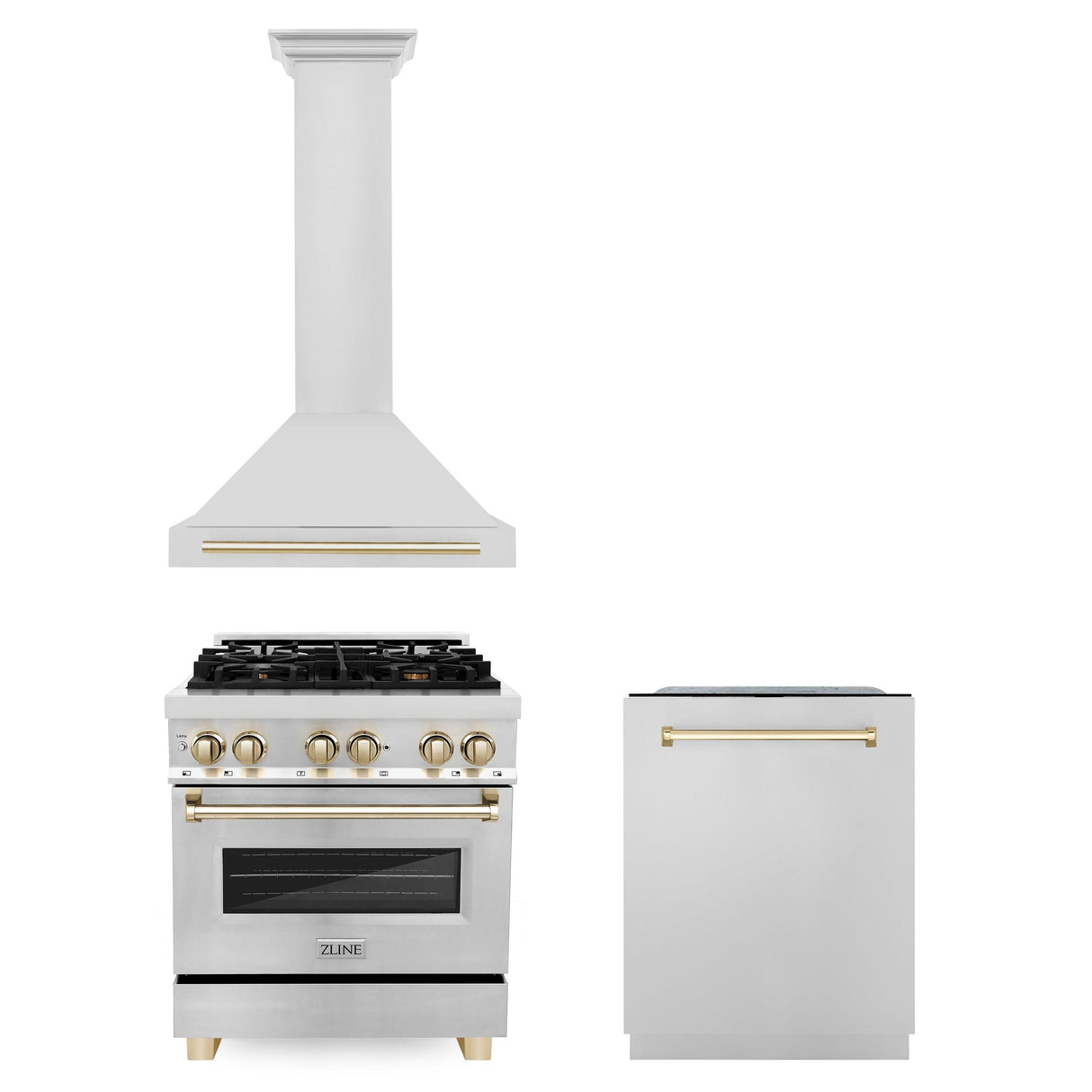 ZLINE 30" Autograph Edition Kitchen Package with Stainless Steel Dual Fuel Range, Range Hood and Dishwasher with Polished Gold Accents (3AKP-RARHDWM30-G) - (3AKPRARHDWM30G)