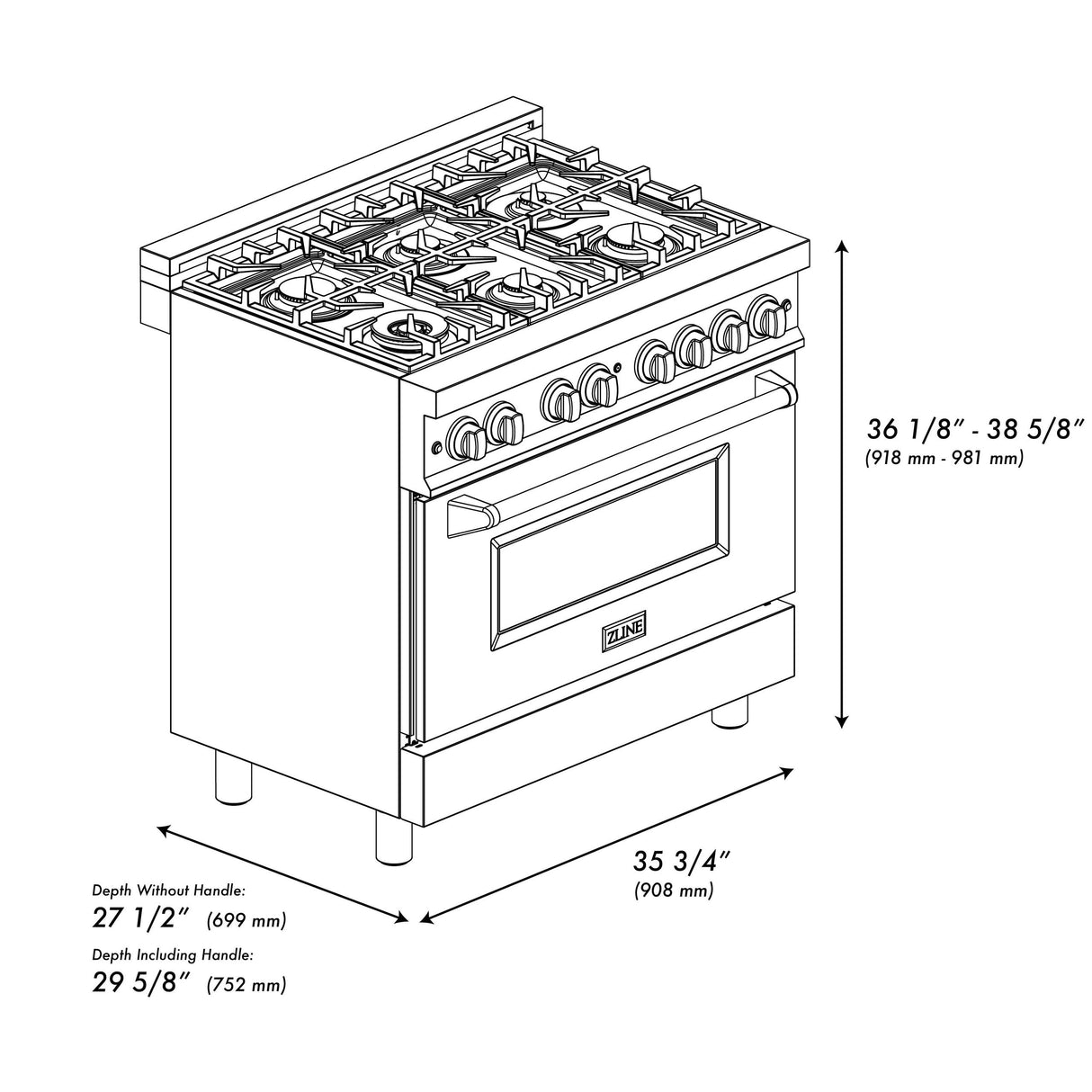 ZLINE 36 in. 4.6 cu. ft. Electric Oven and Gas Cooktop Dual Fuel Range with Griddle and Brass Burners in Stainless Steel (RA-BR-GR-36) - (RABRGR36)