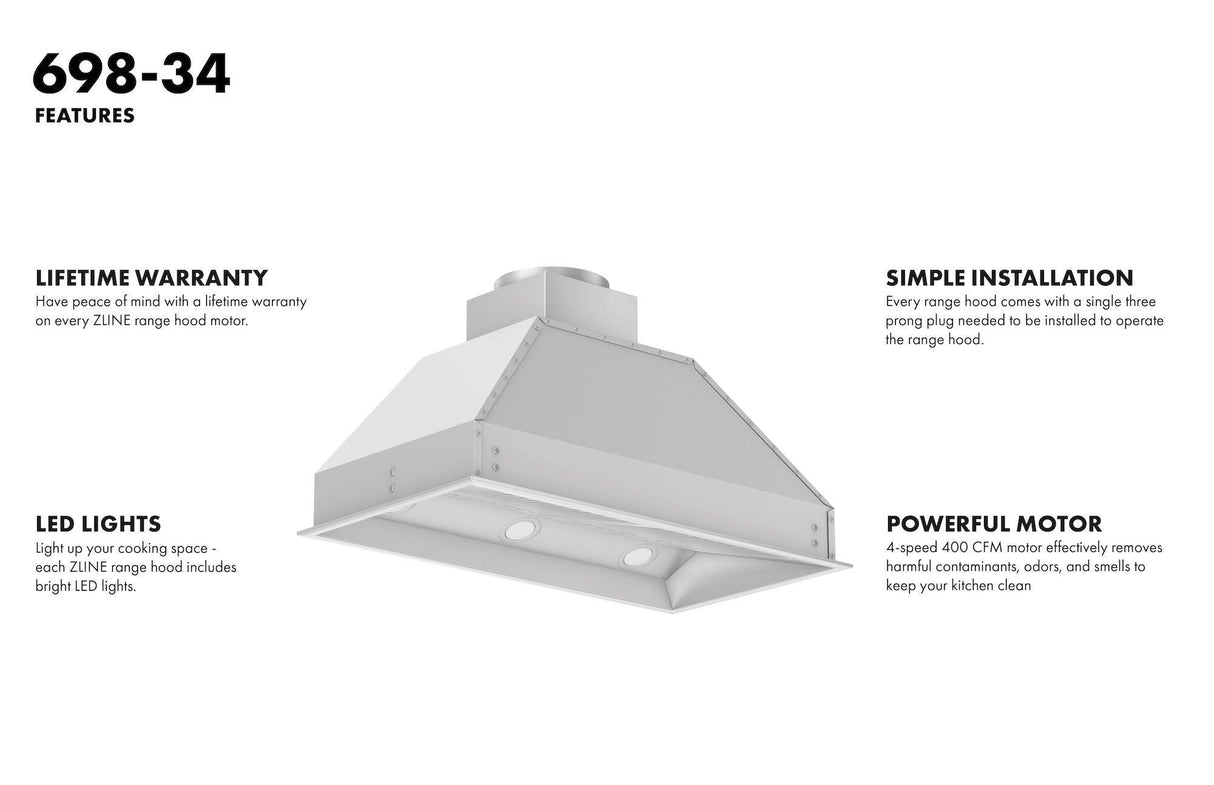 ZLINE Ducted Wall Mount Range Hood Insert in Stainless Steel (698) - (69852)