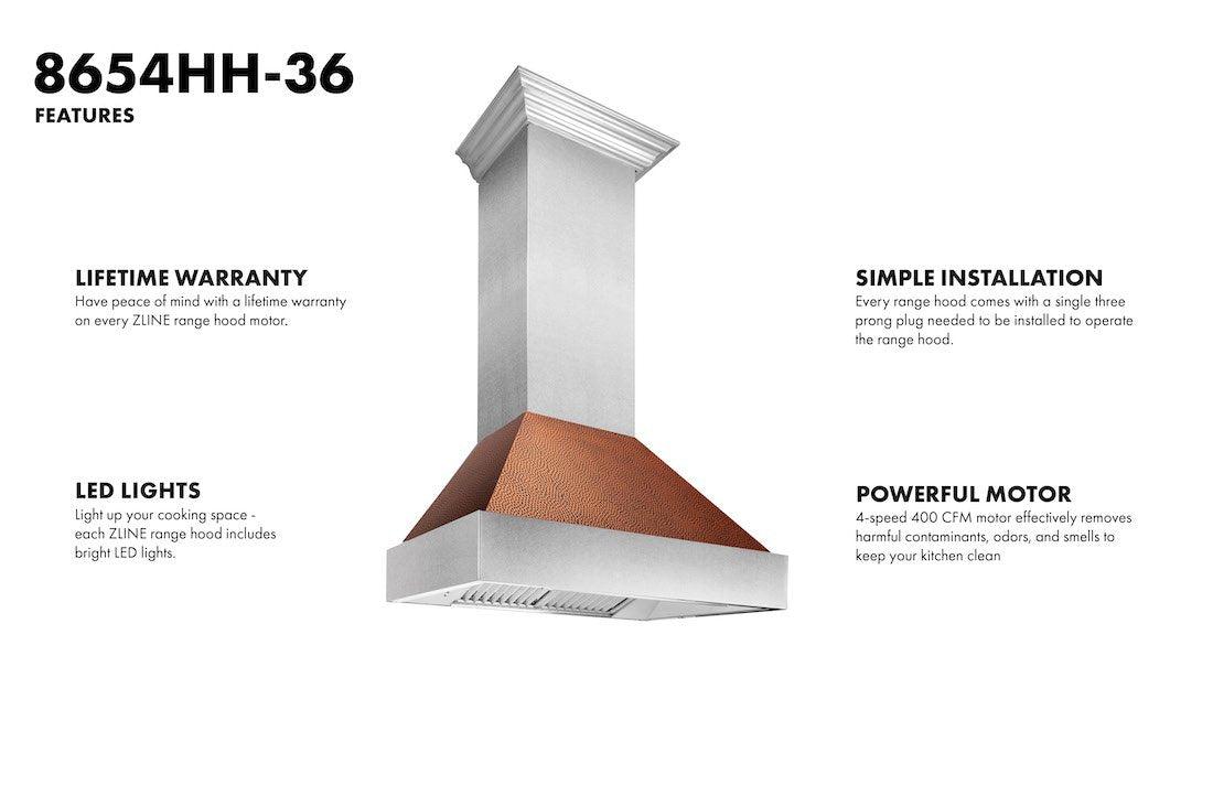 ZLINE Ducted DuraSnow Stainless Steel Range Hood with Hand-Hammered Copper Shell (8654HH) - (8654HH30)