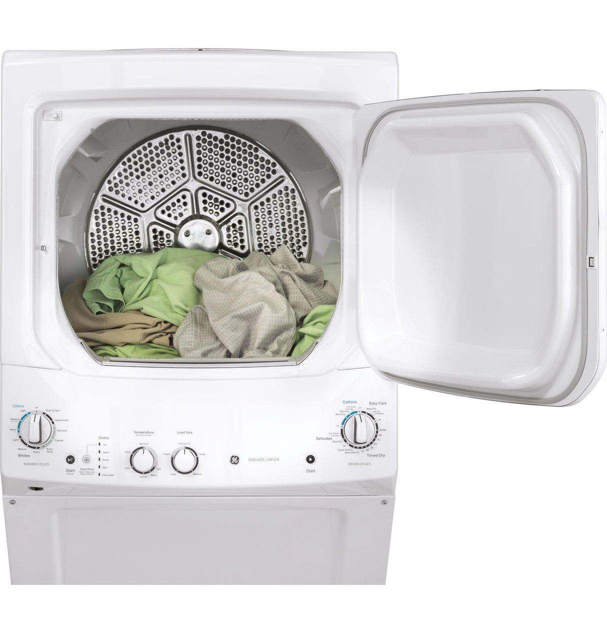 GE Unitized Spacemaker(R) 3.8 cu. ft. Capacity Washer with Stainless Steel Basket and 5.9 cu. ft. Capacity Gas Dryer - (GUD27GSSMWW)