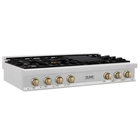 ZLINE Autograph Edition 48" Porcelain Rangetop with 7 Gas Burners in Fingerprint Resistant Stainless Steel and Champagne Bronze Accents (RTSZ-48-CB) - (RTSZ48CB)