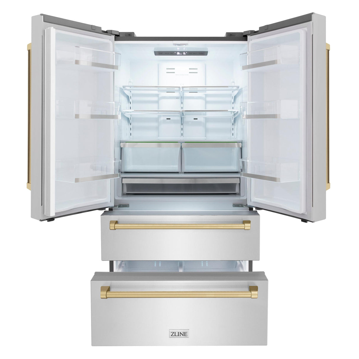 ZLINE 36" Autograph Edition 22.5 cu. ft 4-Door French Door Refrigerator with Ice Maker in Fingerprint Resistant Stainless Steel with Traditional Handles [Color: Gold Accents] - (RFMZ36G)