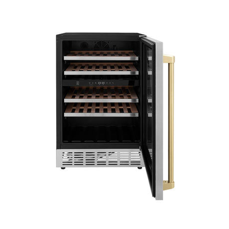 ZLINE 24" Autograph Edition Dual Zone 44-Bottle Wine Cooler in Stainless Steel with Wood Shelf and Champagne Bronze Accents (RWVZ-UD-24-CB) - (RWVZUD24CB)