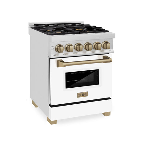 ZLINE Autograph Edition 24" 2.8 cu. ft. Dual Fuel Range with Gas Stove and Electric Oven in Stainless Steel with White Matte Door and Accents (RAZ-WM-24) [Color: Champagne Bronze] - (RAZWM24CB)