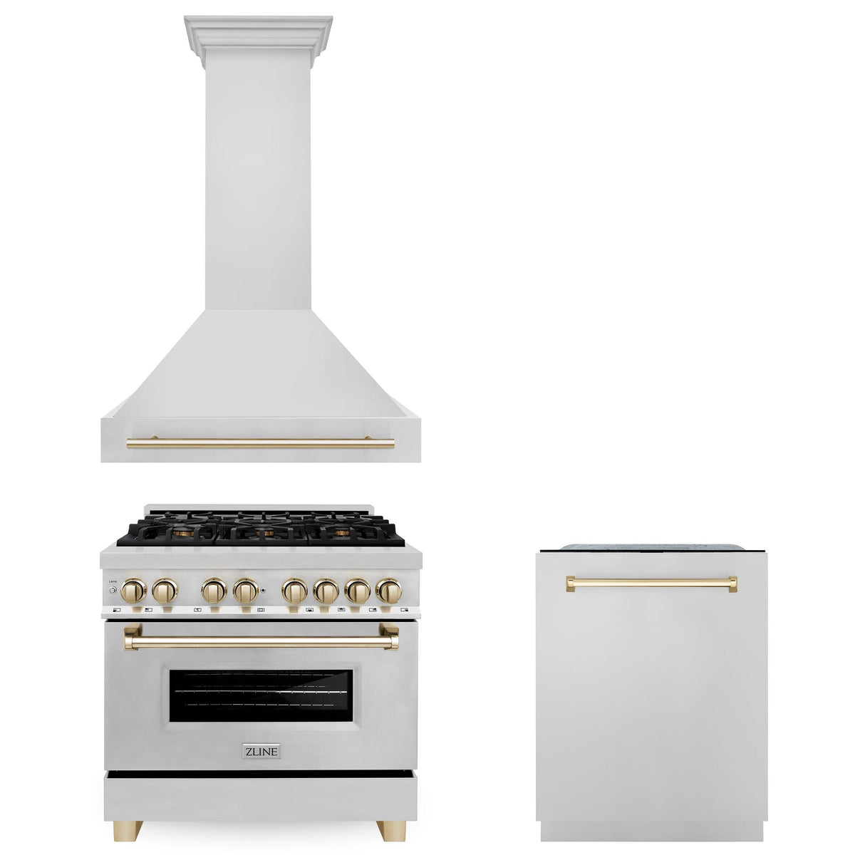 ZLINE 36" Autograph Edition Kitchen Package with Stainless Steel Dual Fuel Range, Range Hood and Dishwasher with Polished Gold Accents (3AKP-RARHDWM36-G) - (3AKPRARHDWM36G)