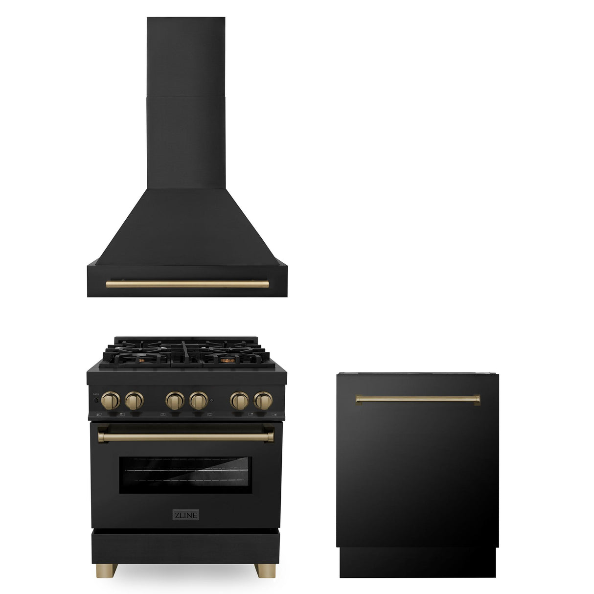 ZLINE 30" Autograph Edition Kitchen Package with Black Stainless Steel Dual Fuel Range, Range Hood and Dishwasher with Champagne Bronze Accents (3AKP-RABRHDWV30-CB) - (3AKPRABRHDWV30CB)