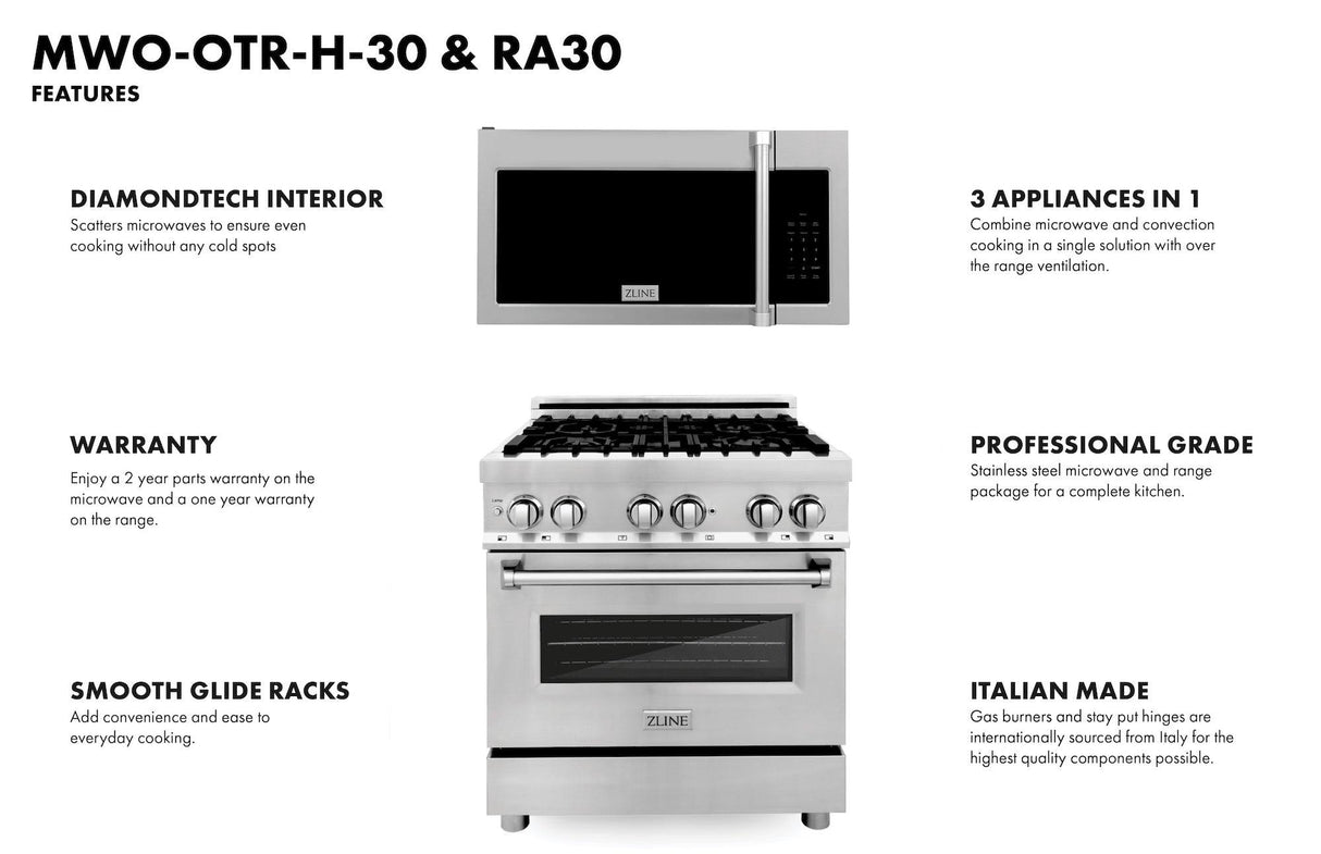 ZLINE 30 in. Kitchen Package Stainless Steel Dual Fuel Range and Over The Range Microwave with Traditional Handle (2KP-RAOTRH30) - (2KPRAOTRH30)