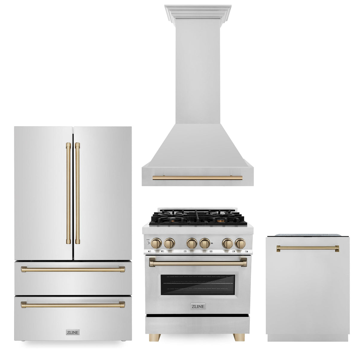 ZLINE 30" Autograph Edition Kitchen Package with Stainless Steel Dual Fuel Range, Range Hood, Dishwasher and Refrigeration with Champagne Bronze Accents (4KAPR-RARHDWM30-CB) - (4KAPRRARHDWM30CB)