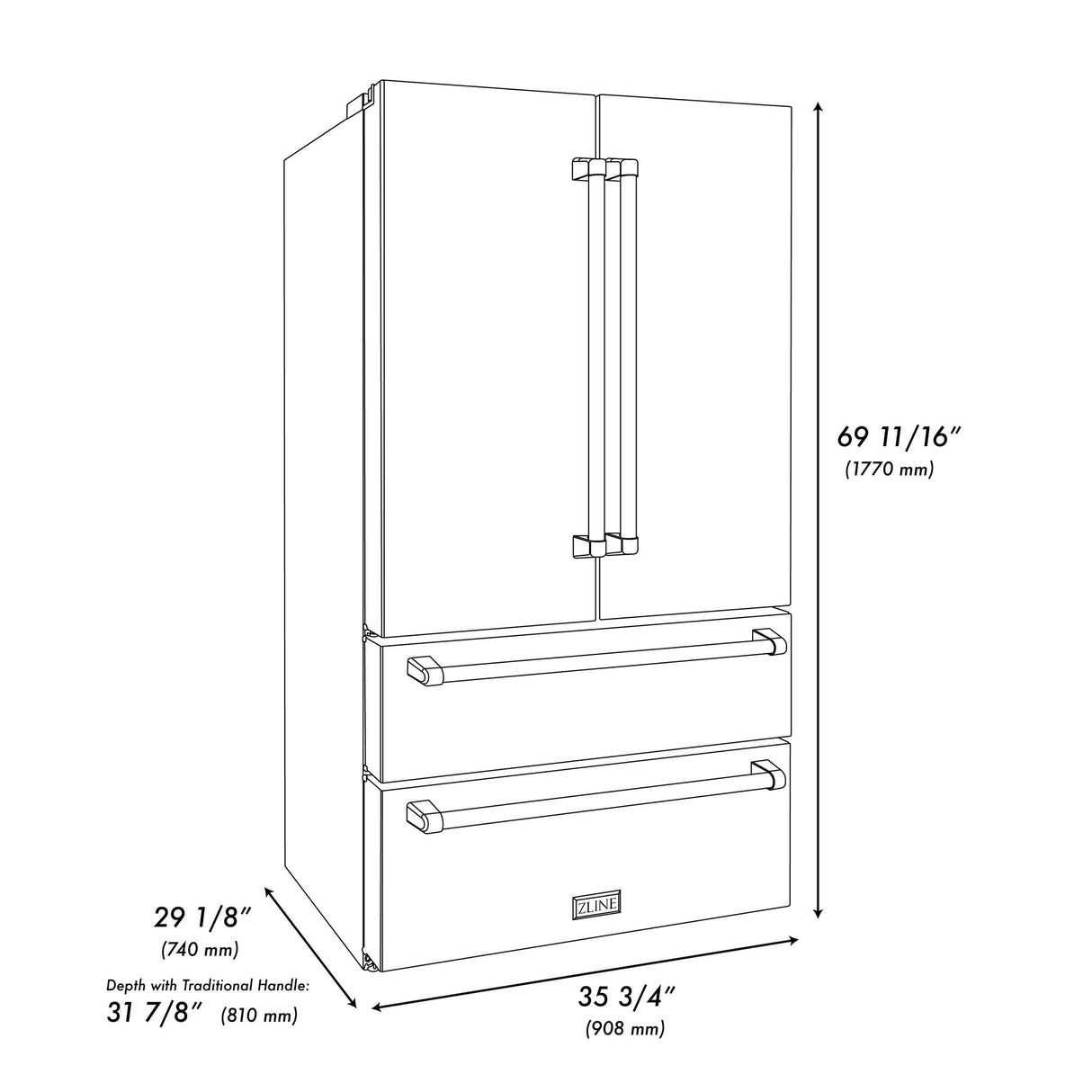 ZLINE 36" 22.5 cu. ft Freestanding French Door Refrigerator with Ice Maker in Fingerprint Resistant Stainless Steel (RFM-36) [Color: Stainless Steel] - (RFM36)