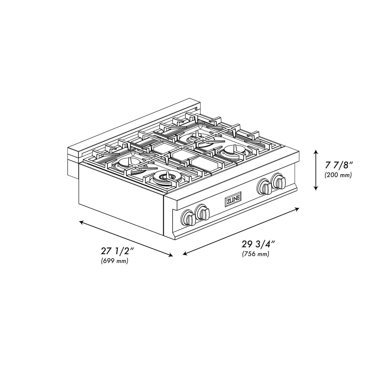 ZLINE 30 in. Porcelain Rangetop in Black Stainless with 4 Gas Burners (RTB-30) Available with Brass Burners - (RTB30)