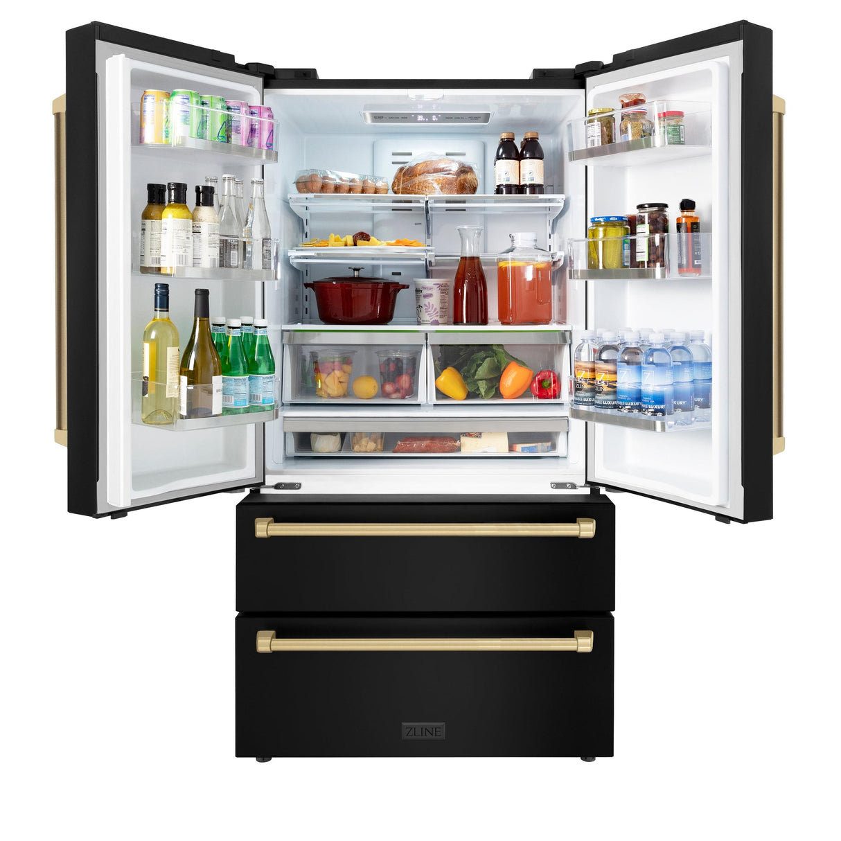 ZLINE 36" Autograph Edition 22.5 cu. ft 4-Door French Door Refrigerator with Ice Maker in Fingerprint Resistant Black Stainless Steel with Traditional Handles (RFMZ-36-BS-CB) [Color: Champagne Bronze Accents] - (RFMZ36BSCB)