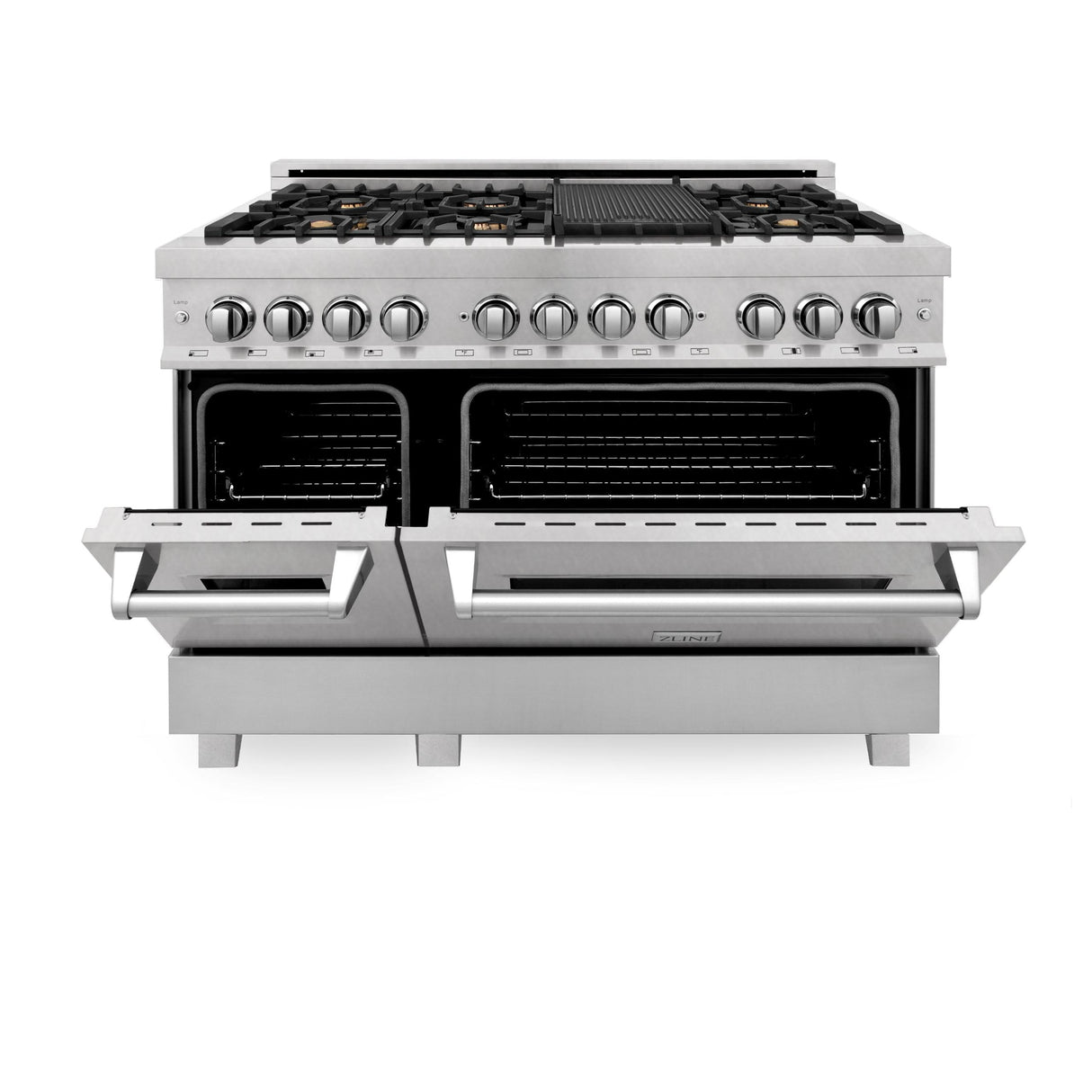 ZLINE 48 in. DuraSnow Stainless Steel 6.0 cu.ft. 7 Gas Burner/Electric Oven Range with Color Door Options (RAS-SN-48) [Color: DuraSnow Stainless Steel with Brass Burners] - (RASSNBR48)