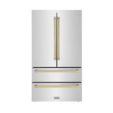 ZLINE 36" Autograph Edition 22.5 cu. ft 4-Door French Door Refrigerator with Ice Maker in Fingerprint Resistant Stainless Steel with Traditional Handles [Color: Gold Accents] - (RFMZ36G)