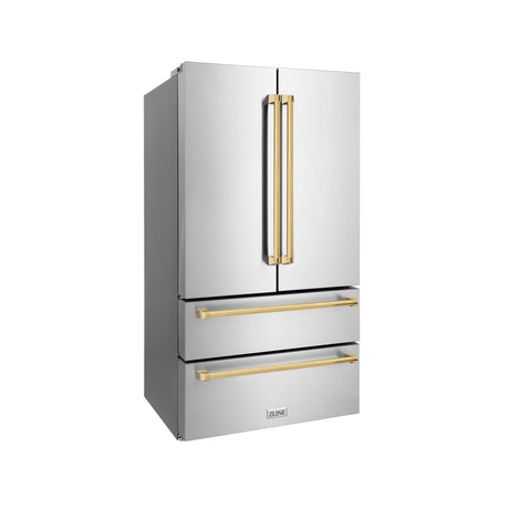 ZLINE 36" Autograph Edition 22.5 cu. ft 4-Door French Door Refrigerator with Ice Maker in Fingerprint Resistant Stainless Steel with Traditional Handles [Color: Champagne Bronze Accents] - (RFMZ36CB)