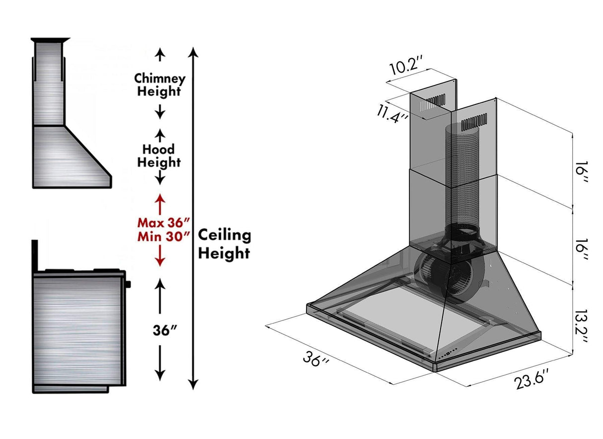 ZLINE 36 Inch Professional Convertible Vent Wall Mount Range Hood in Stainless Steel (696-36) - (69636)