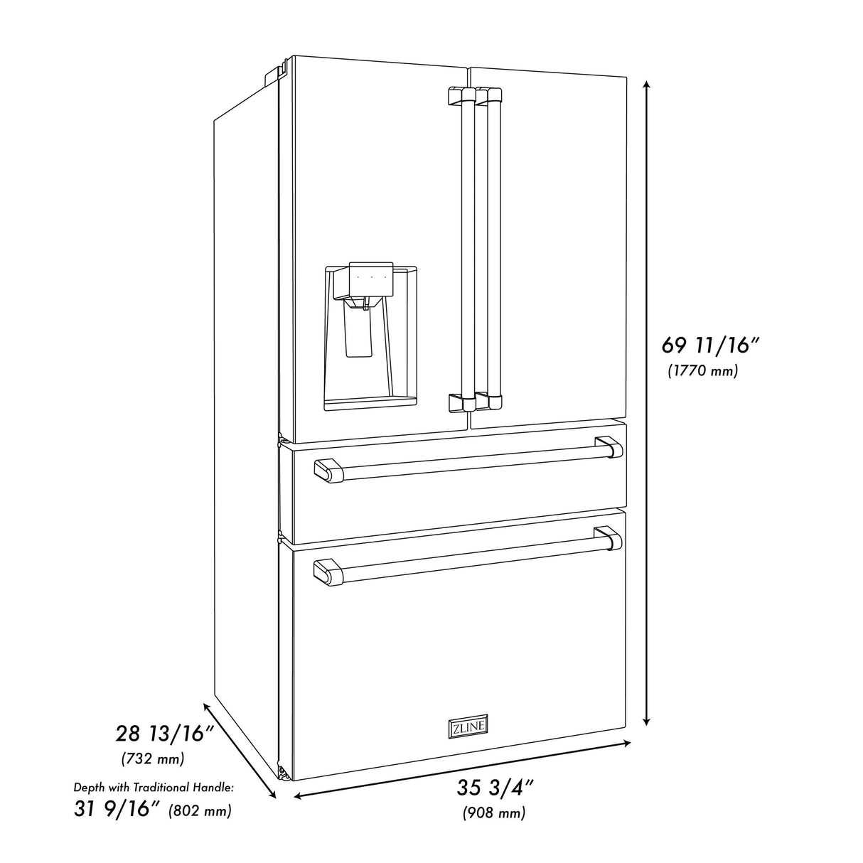 ZLINE 36" 21.6 cu. ft Freestanding French Door Refrigerator with Water and Ice Dispenser in Fingerprint Resistant Stainless Steel (RFM-W-36) [Color: Fingerprint Resistant Black Stainless Steel] - (RFMW36BS)